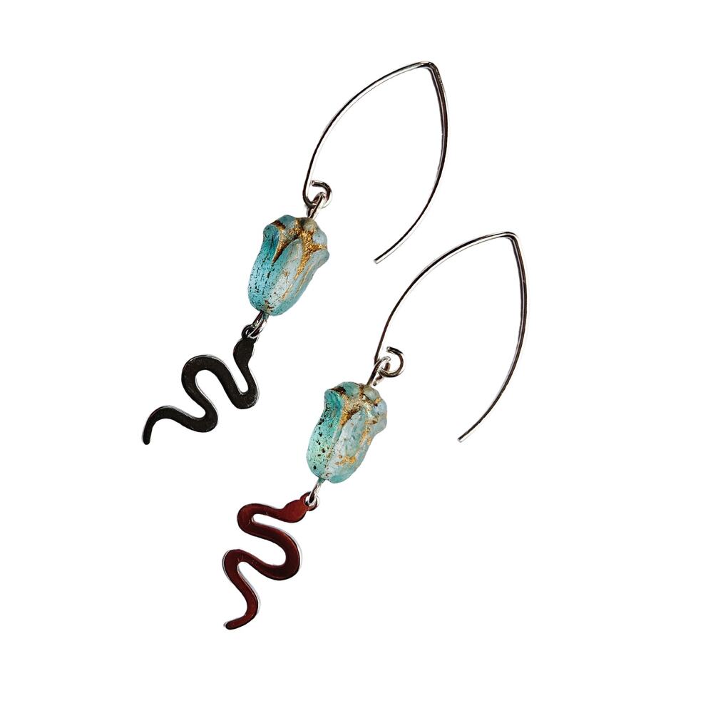 Blue Flower Serpent Earrings, Artisan Czech Glass Dainty Snake Earrings